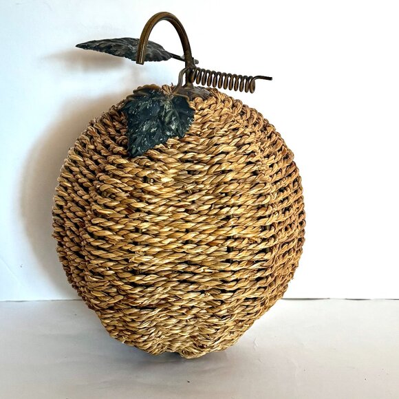 Vtg Metal Jute Rope Pumpkin with Metal Leaves & Stem Fall Thanksgiving Halloween - Picture 1 of 9